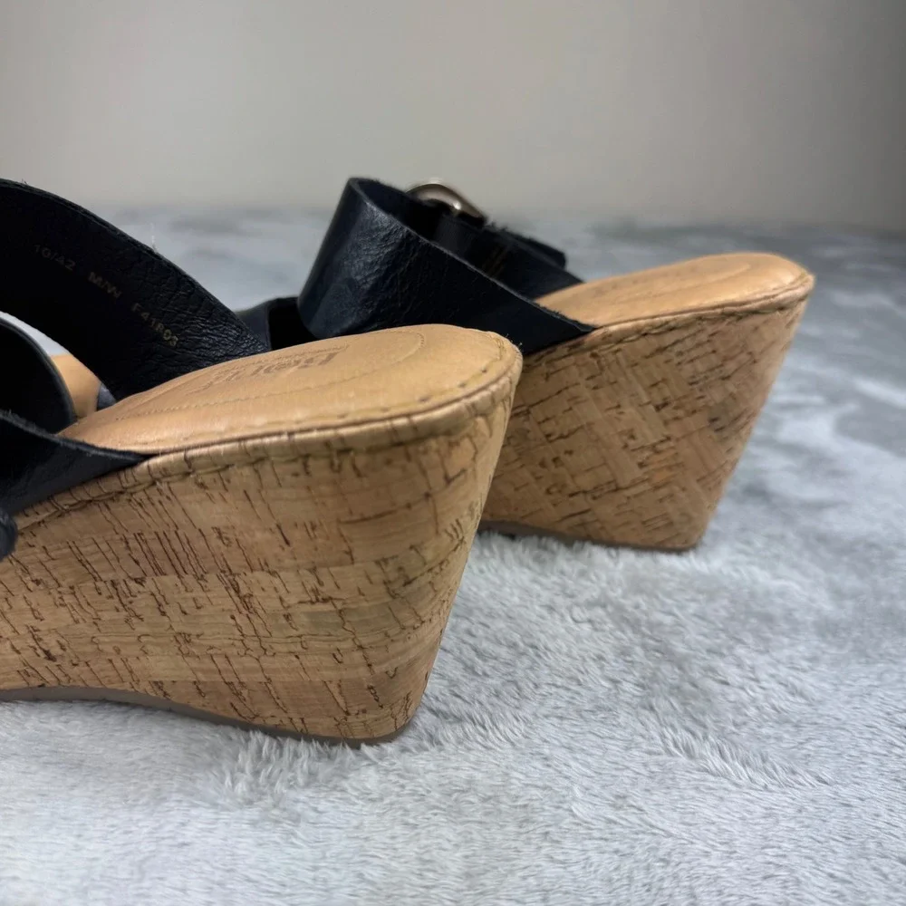 Born Black Leather Cork Wedge Slide Sandals Women's Size 10.5 Buckle Comfort